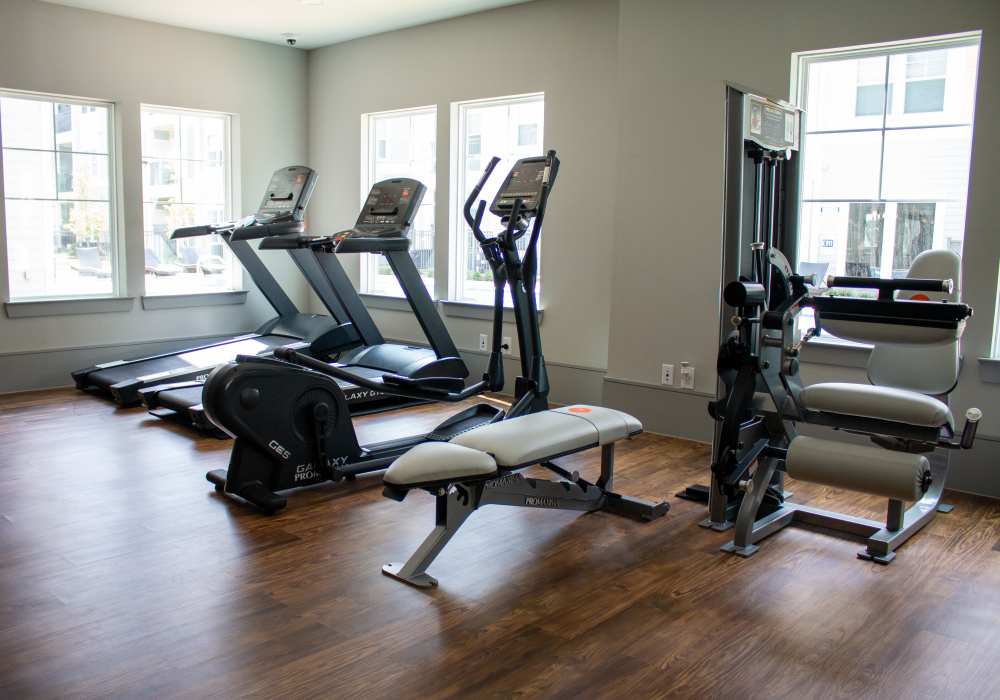 Fitness center with multiple treadmill at The Bammel in Houston, Texas