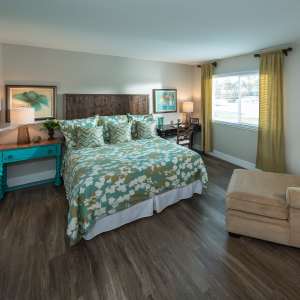 Modern bedroom at Harbor Cove Apartments in Foster City, California