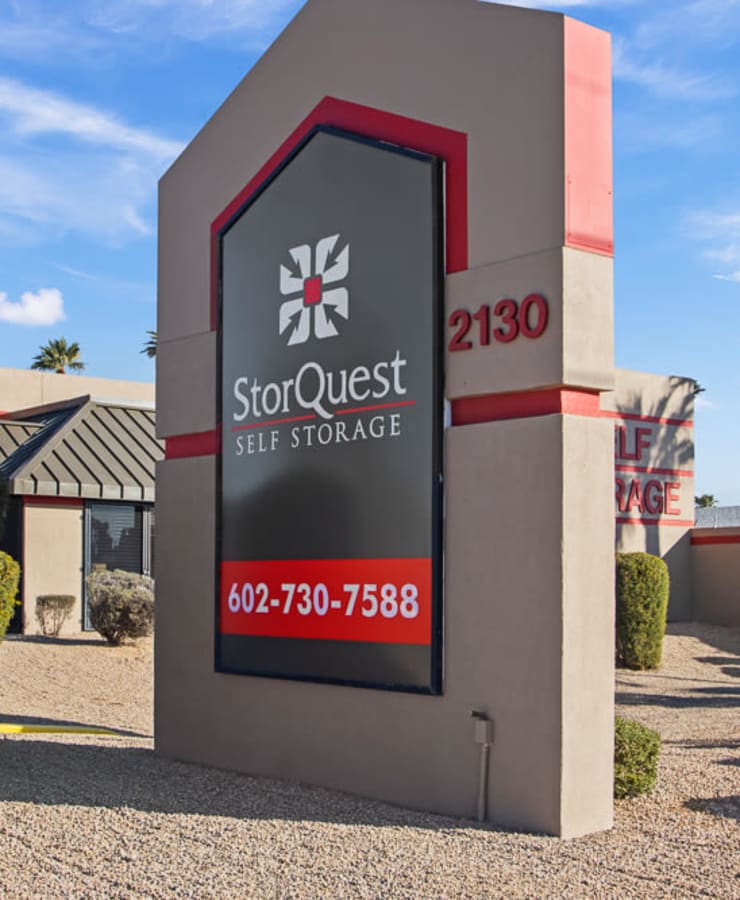 The exterior of the main entrance at StorQuest Self Storage in Phoenix, Arizona