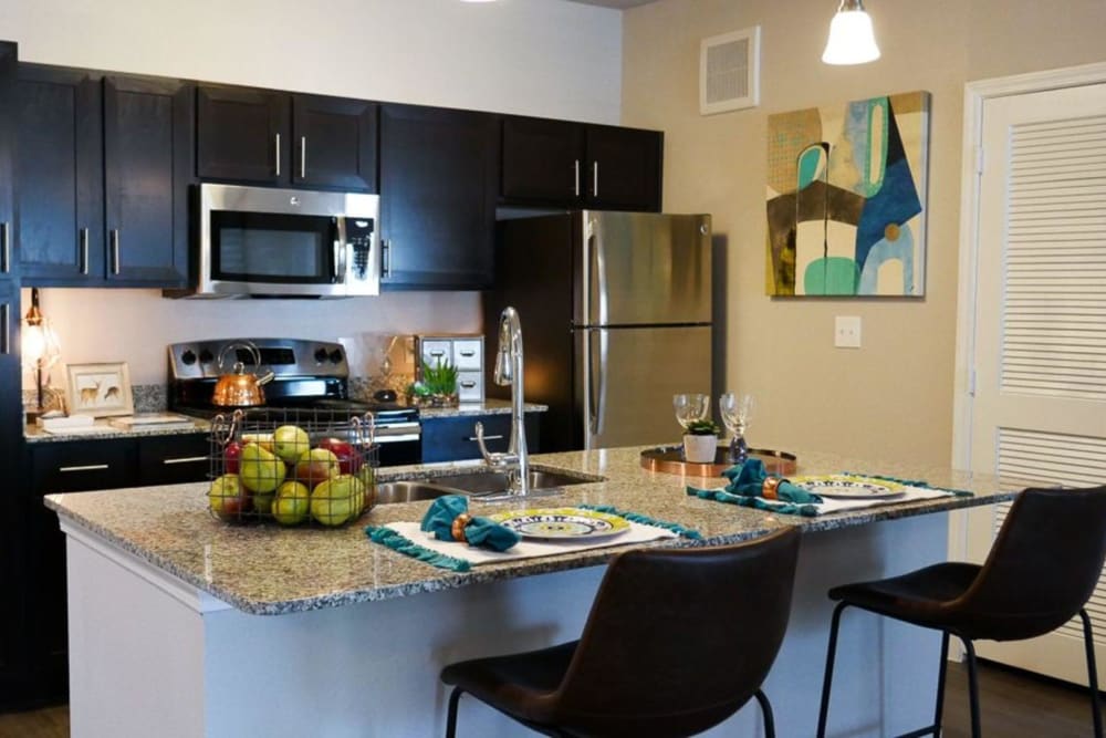 Model kitchen with dark cabinetry and stainless steel appliances at Biltmore at the Park in Pflugerville, Texas