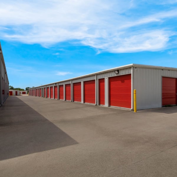 Outdoor drive-up storage units at StorQuest Self Storage in Friendswood, Texas