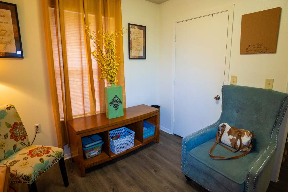 Cozy living area with wood-style flooring, decorative chair, and vibrant curtains at Willowbrook I in Lafayette, Louisiana