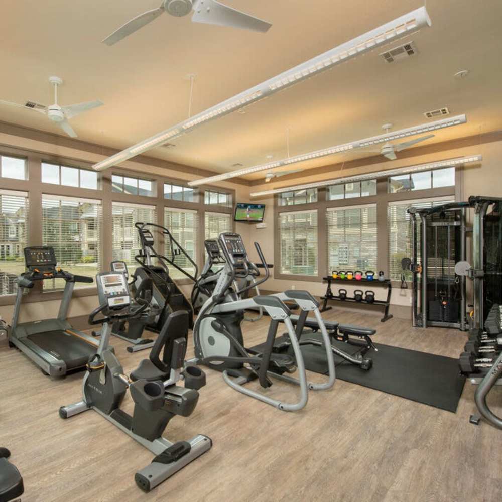 Bright fitness center with modern equipment, large windows, and wood-style flooring at Plantation Park Apartments in Lake Jackson, Texas