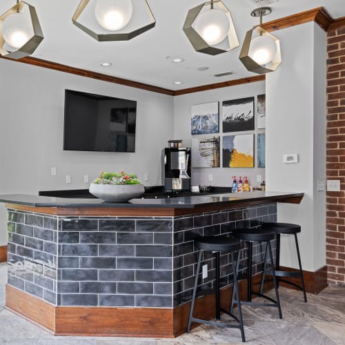 Counter and bar stools in community clubhouse of Marquis Midtown District in Atlanta, Georgia