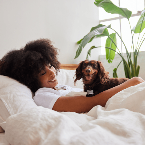 A resident and a dog laying together in a bed in a home at Adobe Flats IV in Twentynine Palms, California