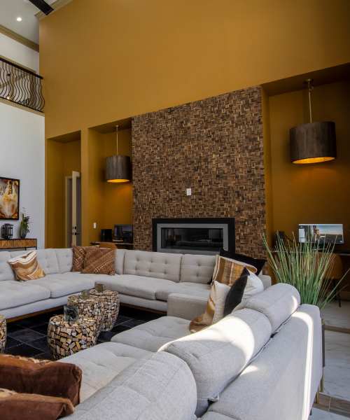 Gray sofas with decorative pillows at Brixton in Round Rock, Texas