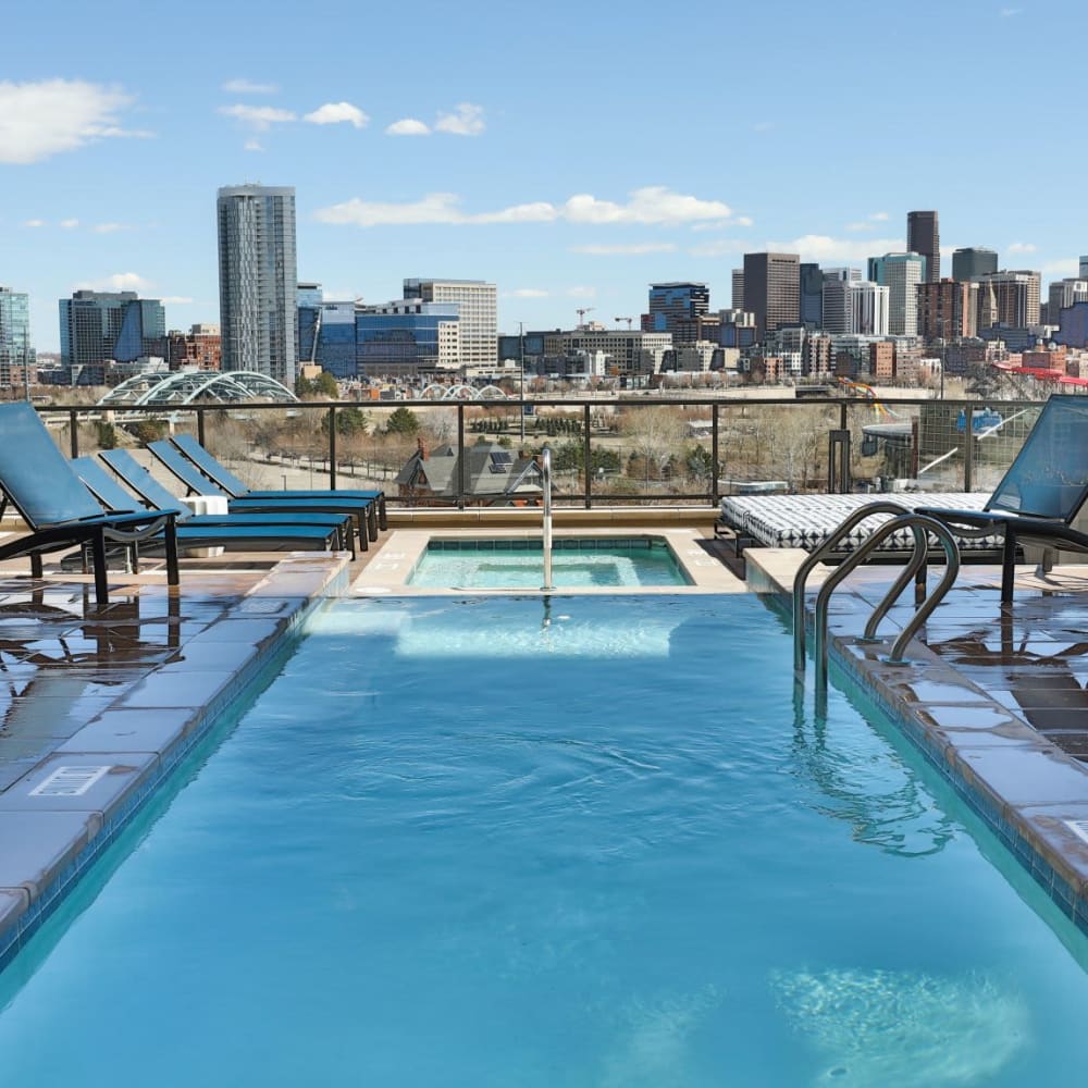 The Alcott offers a Beautiful Swimming Pool & Hot Tub w/ Downtown Skyline Views in Denver, Colorado