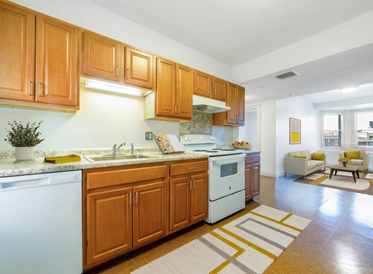Modern kitchen with carpet at Memorial Square Apartments in Springfield, Massachusetts