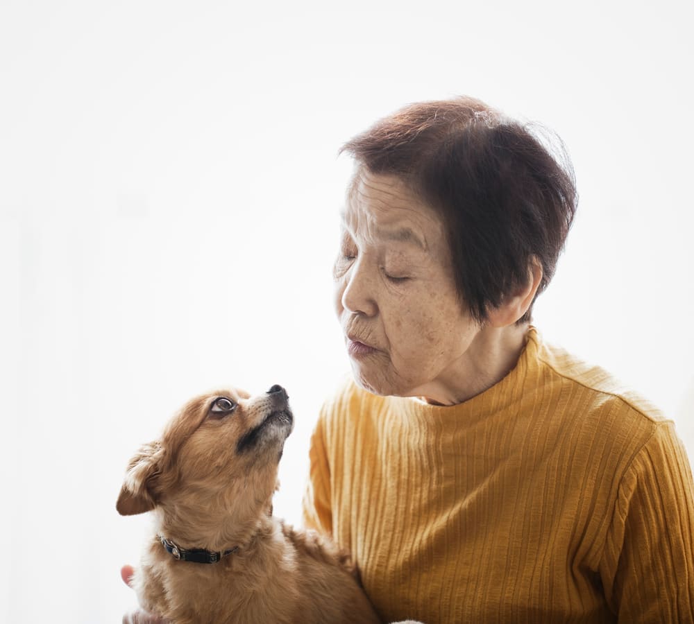 Resident and her dog at Holden of Bellevue in Bellevue, Washington.