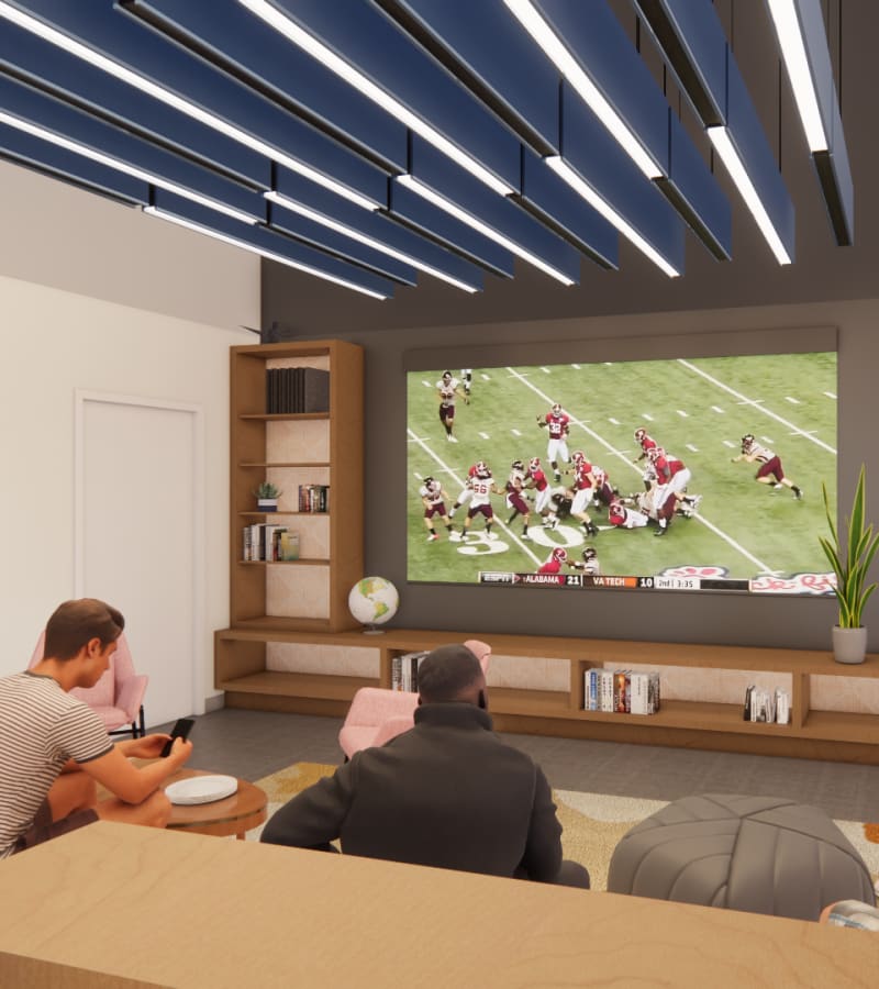 Community lounge with big television at Altitude on Main in Richmond, Virginia