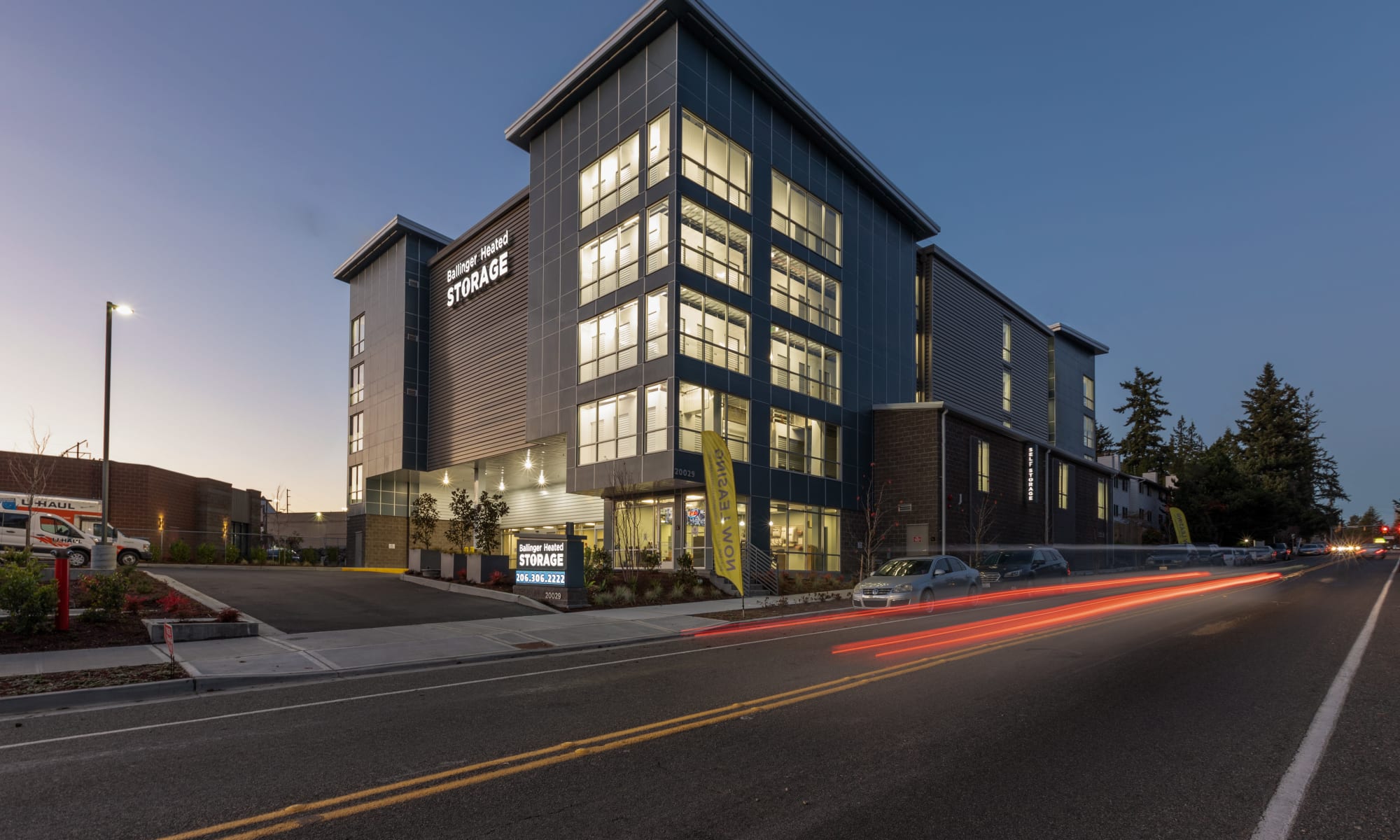A view of Ballinger Heated Storage at dusk in Shoreline, Washington