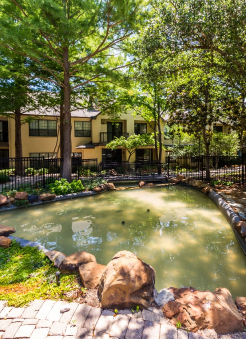 Water feature pond under lush trees at Marquis at Waterview in Richardson, Texas