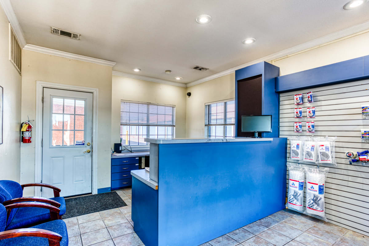Front leasing office where a moving truck can be rented at Devon Self Storage in Sherman, Texas