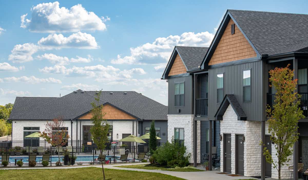Meribel Luxury Apartments exterior with pool and modern apartment homes at Meribel in Springboro, Ohio