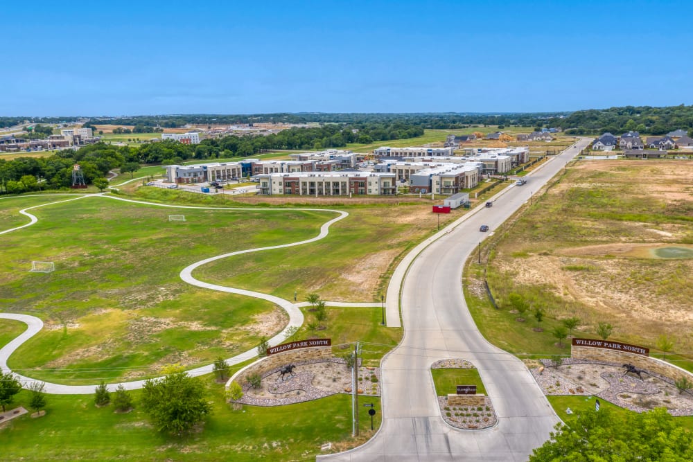 Birds eye view of apartments at The Gates at Meadow Place in Willow Park, Texas