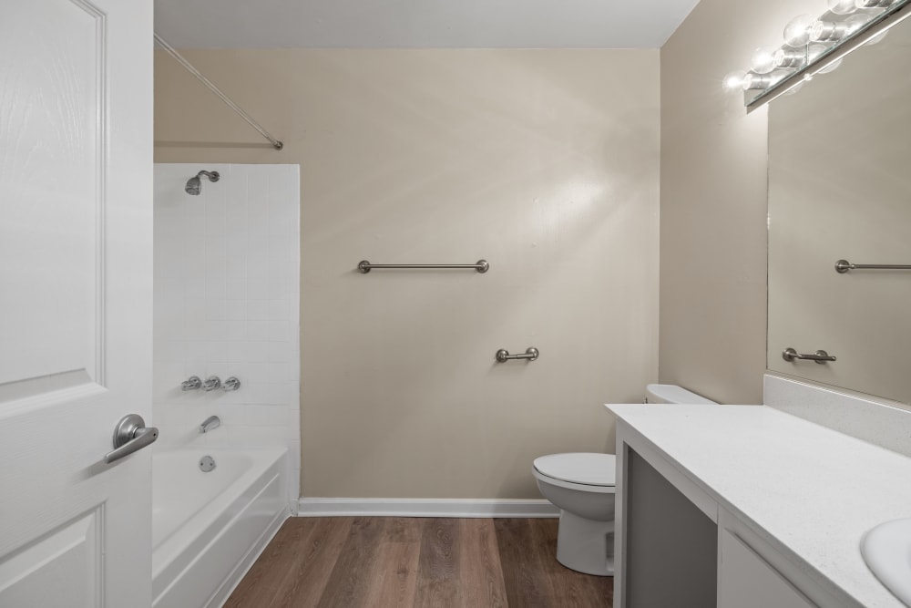 Wide and clean bathroom at Montecito Apartments in Santa Clara, California