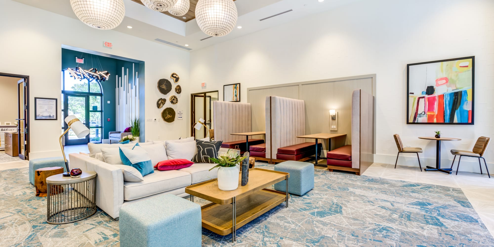 Clubhouse seating area at Solera at City Centre apartments in Palm Beach Gardens, Florida