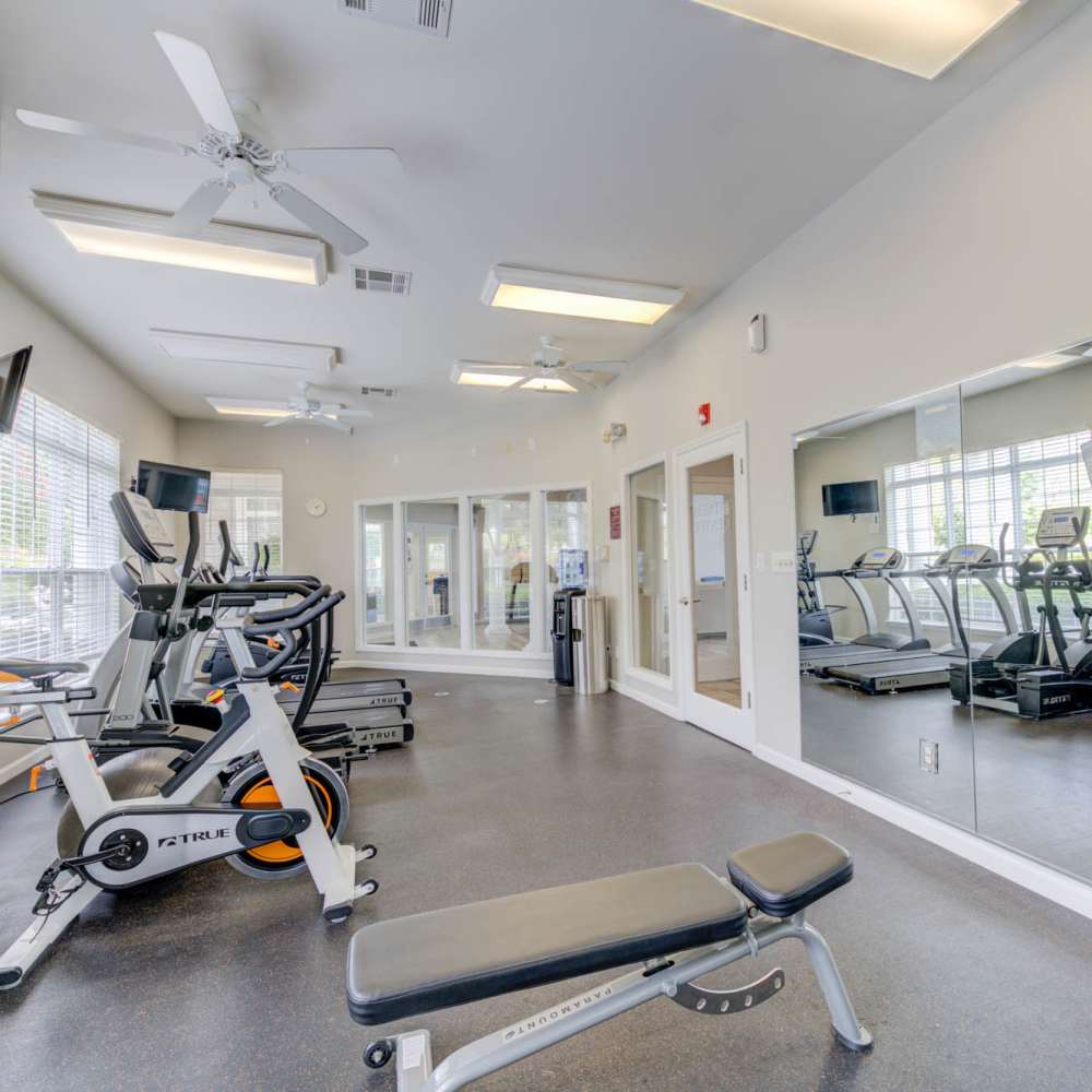 Bright and inviting fitness center at Boulder Springs in Maryland Heights, Missouri.