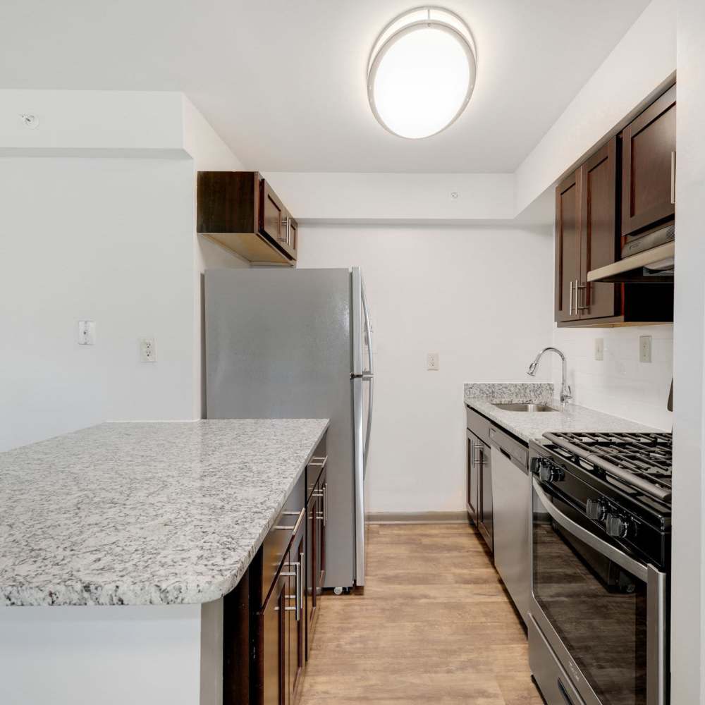 Kitchen with wood-style flooring at Parkside Landing Apartments in Rockville, Maryland