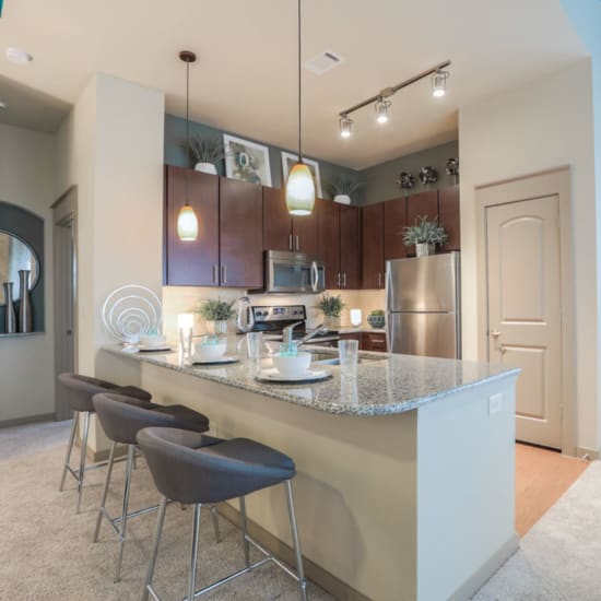 Gourmet kitchen with stainless-steel appliances and granite countertops at Imperial Lofts in Sugar Land, Texas
