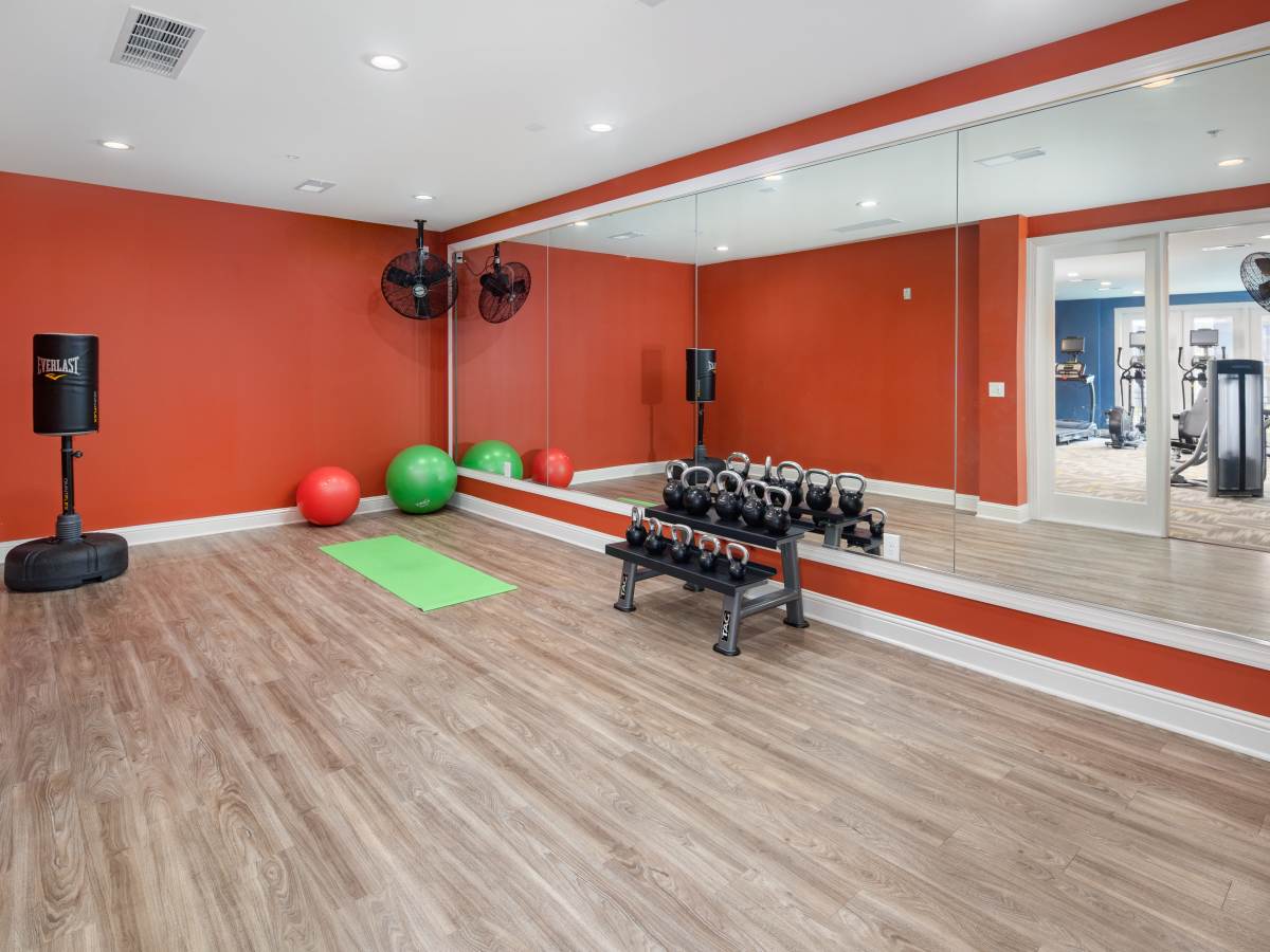 Modern mirrored wall with fitness equipment and mats at Ardmore & Twenty Eighth in Atlanta, Georgia