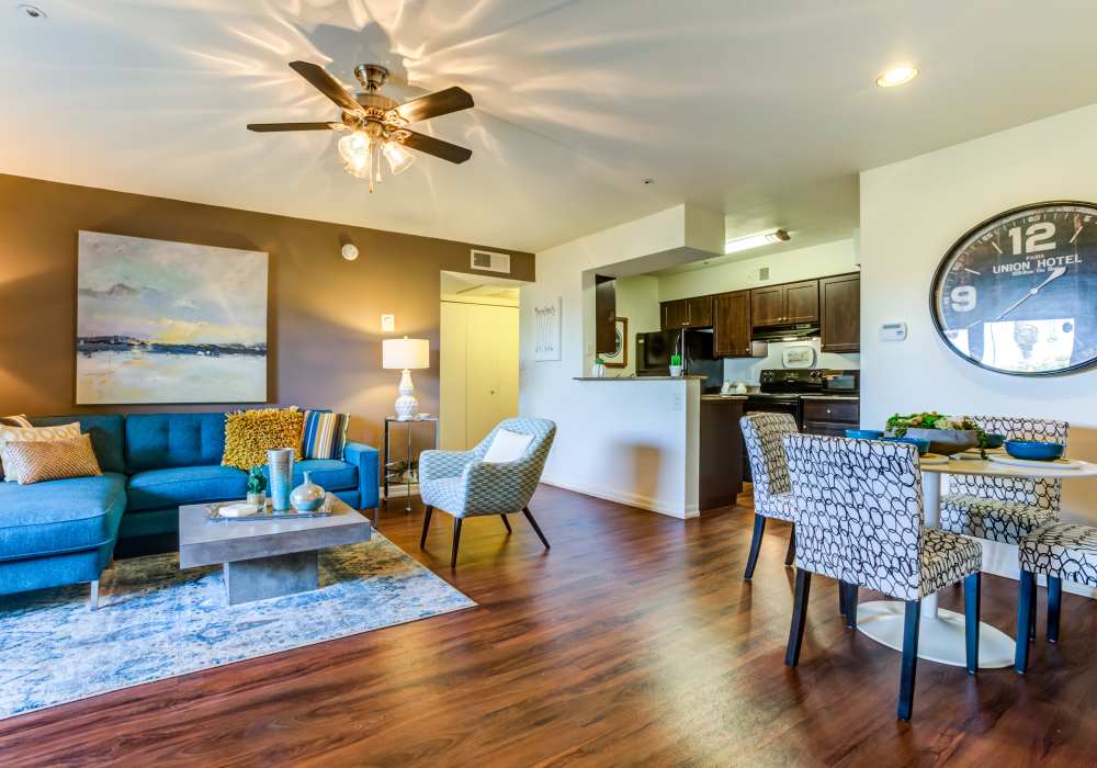 View of living room and dining room at Cabrillo Apartments in Scottsdale, Arizona, 