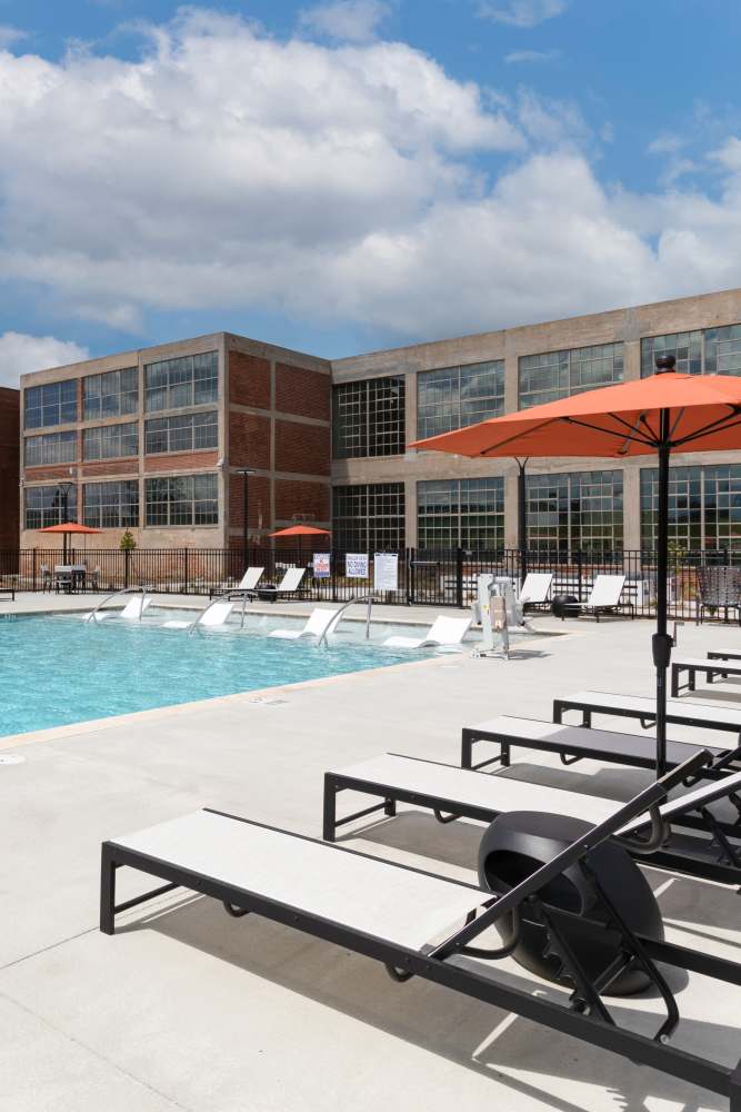 Saltwater pool with covered loggia at Mojud Lofts in Greensboro, North Carolina