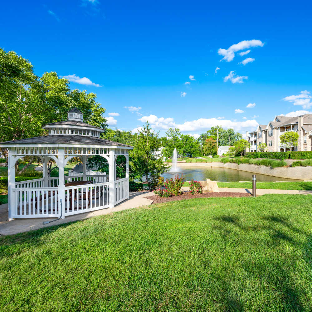 View of water fountain at The Boulders At Katy Trail in Saint Charles. MO