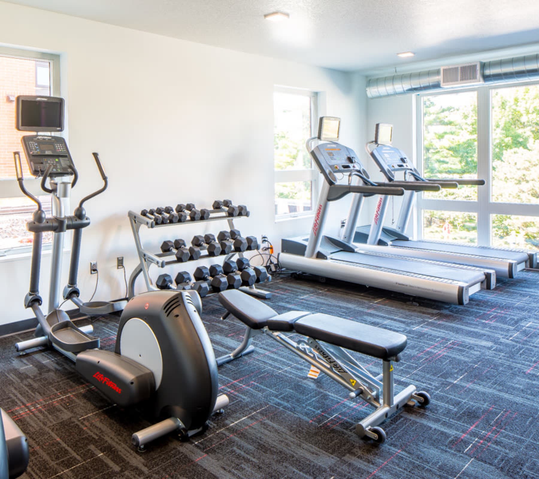 Very well-equipped onsite fitness center at The Foundry in Ames, Iowa