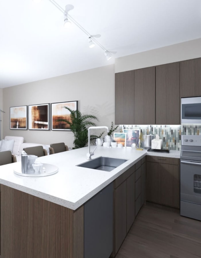 Modern kitchen with marble countertops at Vespaio in San Jose, California