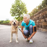 A resident with her dog near CityView in North Kansas City, Missouri