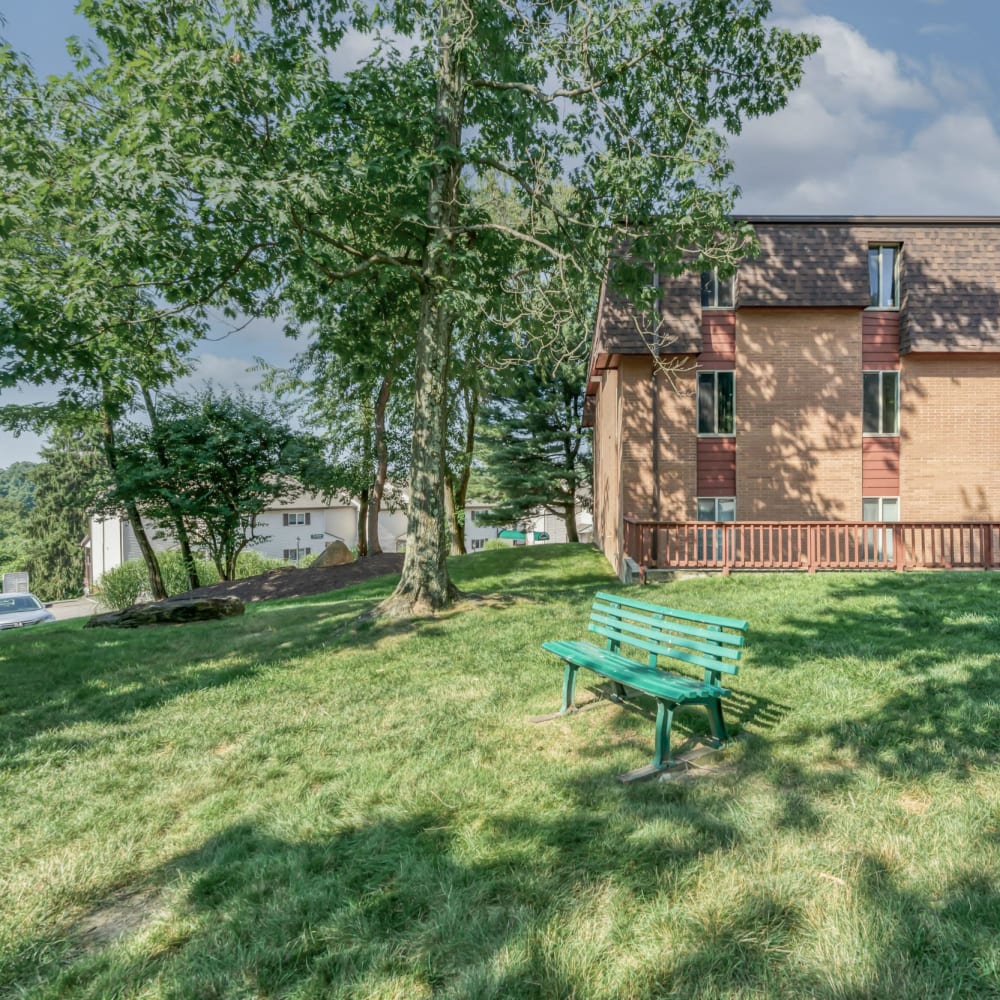 Park like setting with bench at Briarcliff Manor, Wheeling, West Virginia