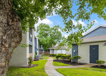 Walkways between apartment buildings at Westbury Crossing in Houston, Texas