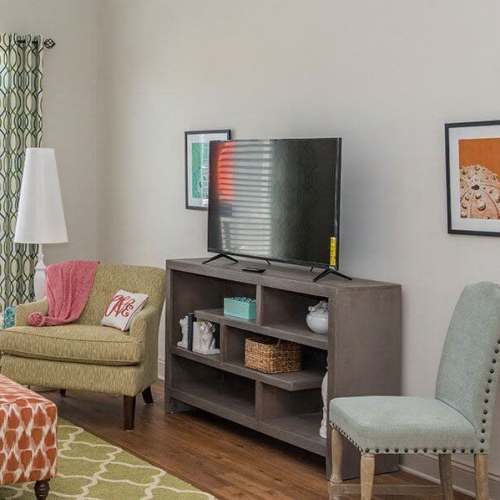 Apartment living room with television and comfortable seating at Belle Meade in Wilmington, North Carolina