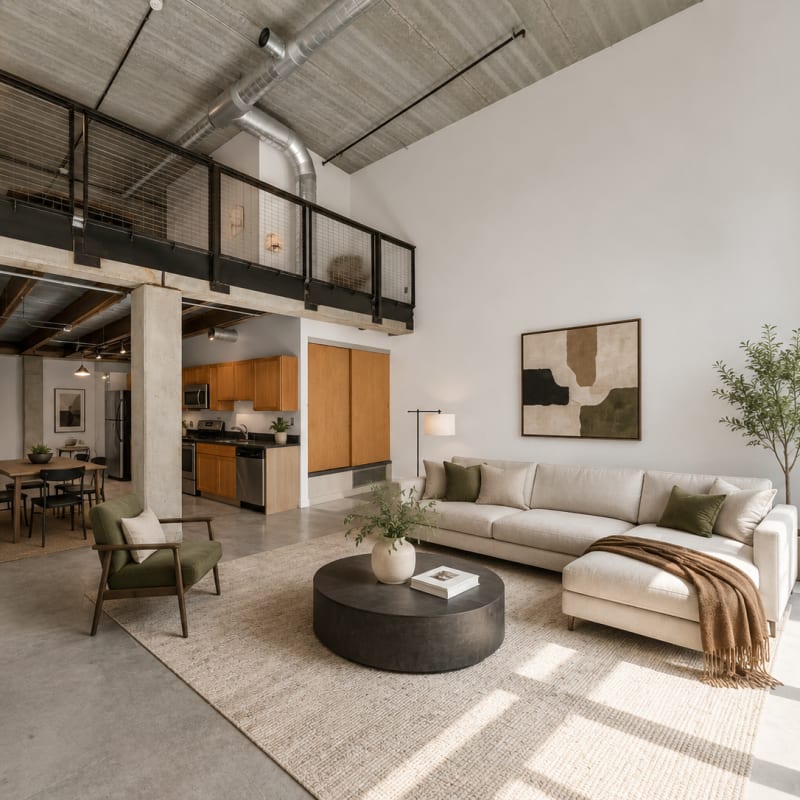 Modern living room with open layout at Gateway Lofts in Des Moines, Iowa
