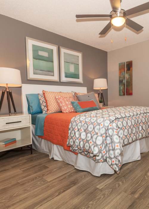 Cozy apartment bedroom at Fountains at Forestwood in Fort Myers, Florida