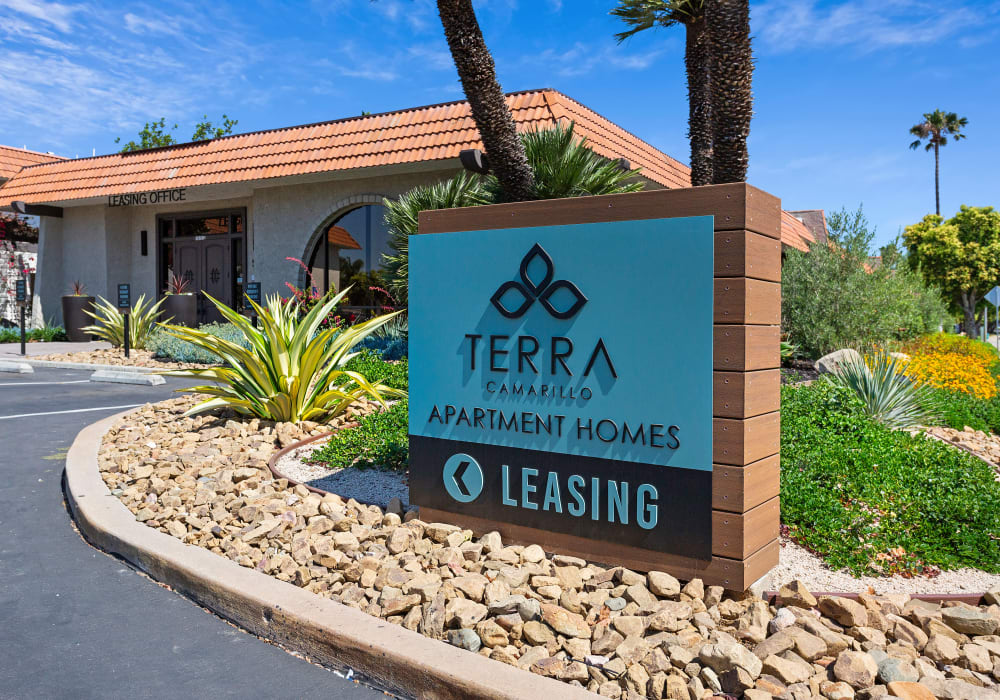 Property entrance sign of Terra Camarillo on a mobile phone in Camarillo, California