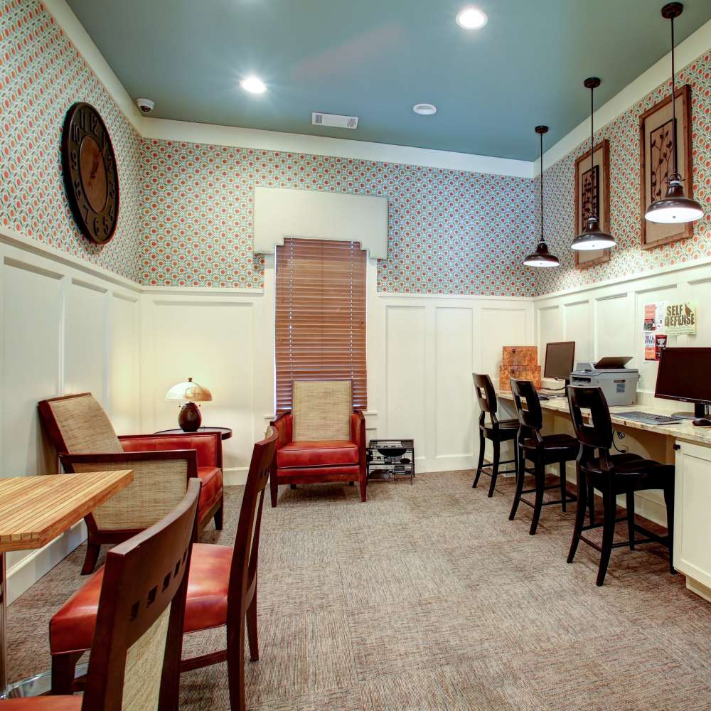 Charming workspace with modern touches and inviting seating at Avonlea Square in Smyrna, Georgia.