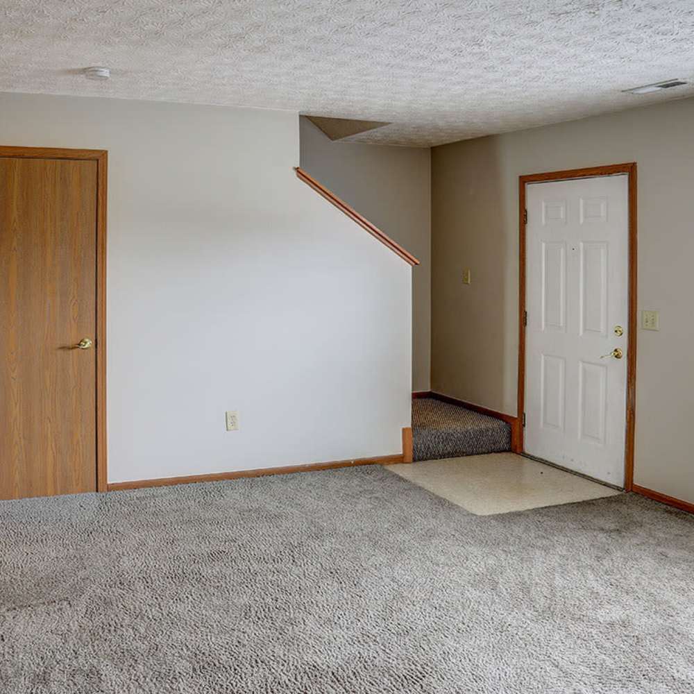Spacious living area with plush carpeting and warm lighting at Webster Greene in Peebles, Ohio