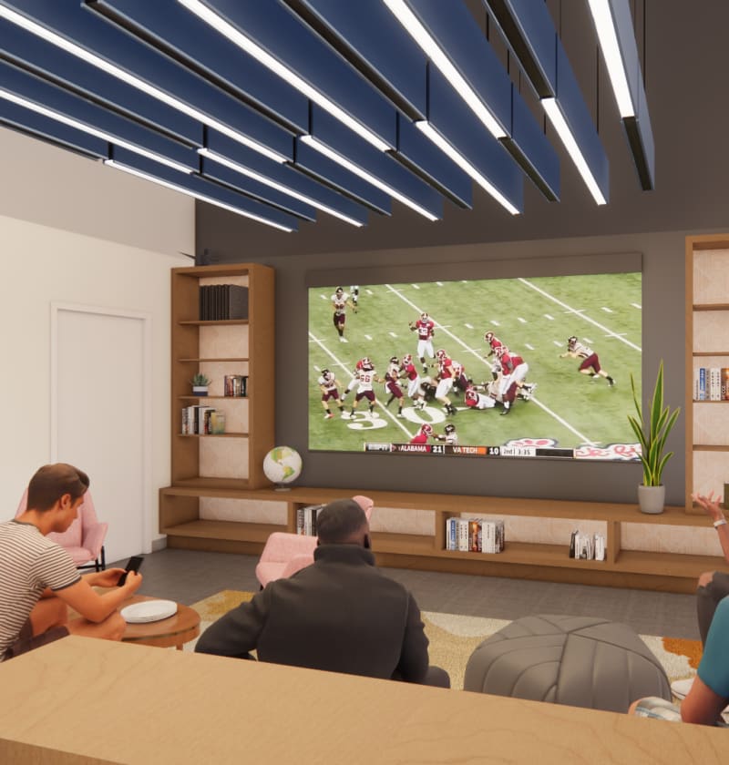 Community lounge with big television at Altitude on Main in Richmond, Virginia