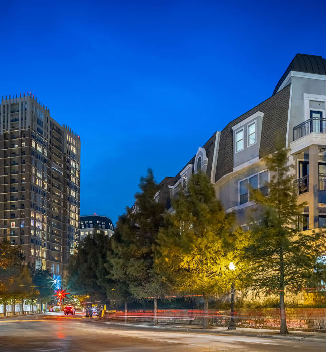 Exterior twilight shot of The Marquis of State Thomas in Dallas, Texas
