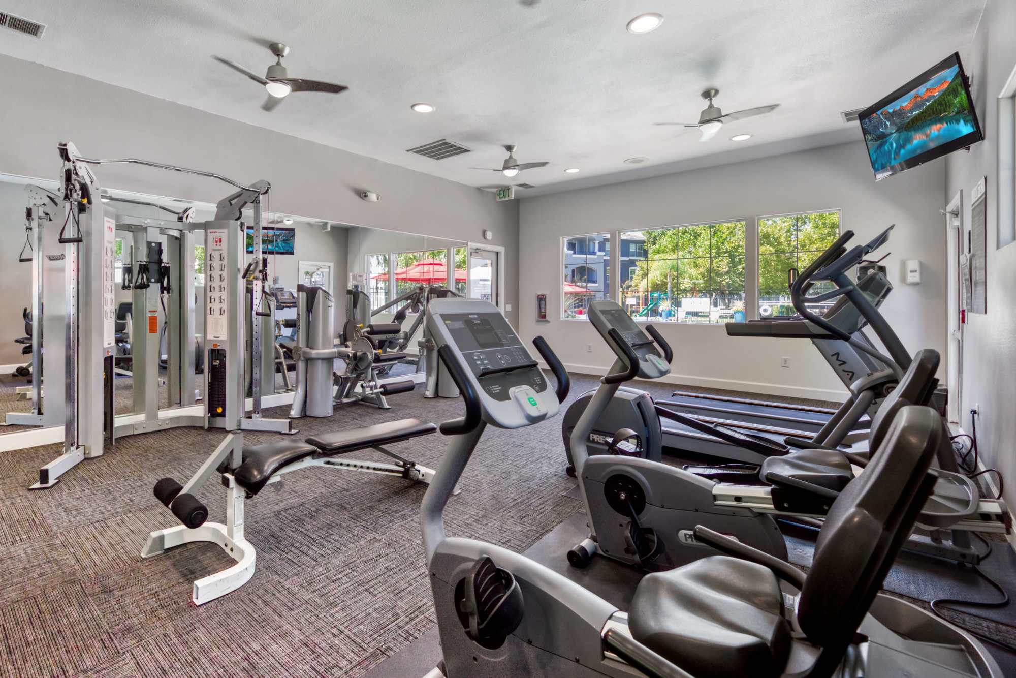Spacious fitness center at The Lofts in Sacramento, California