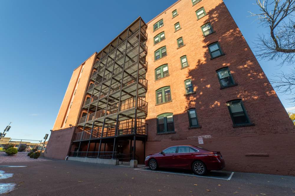 Backside of the building at Memorial Square Apartments in Springfield, Massachusetts