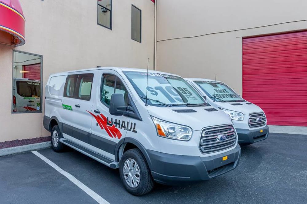 Moving vans at Factoria Security Self Storage in Bellevue, Washington.