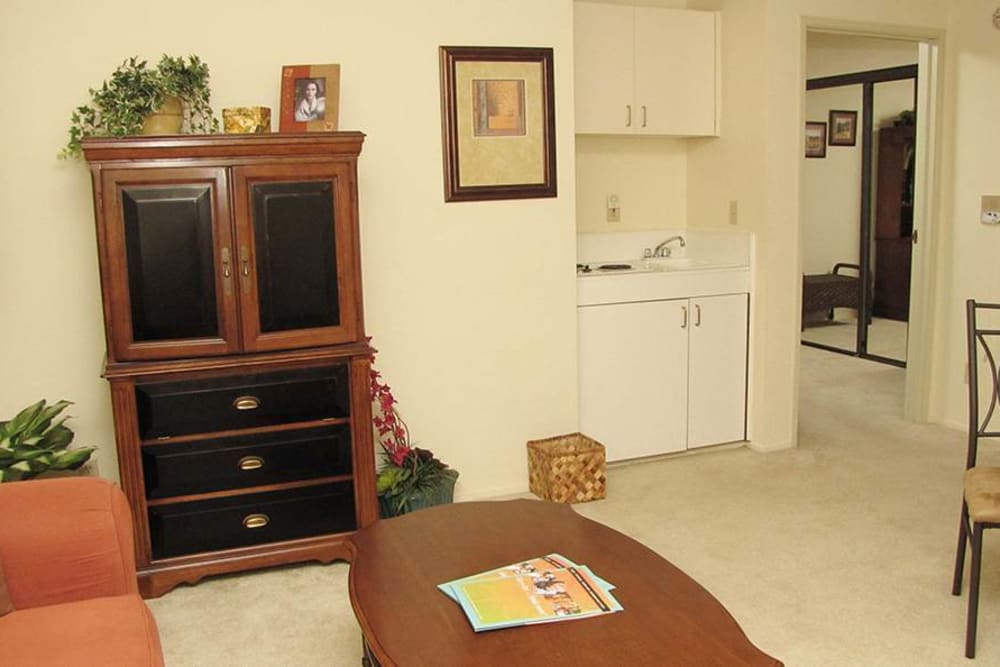 Spacious living room at Hilltop Commons Senior Living in Grass Valley, California