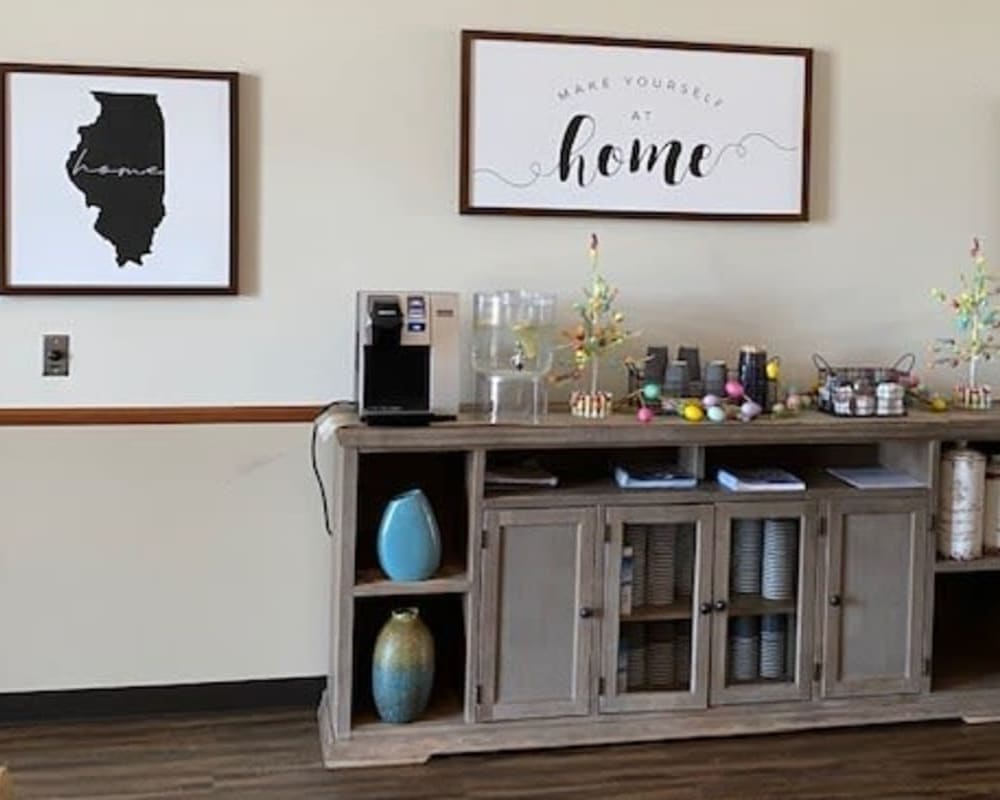 Resident coffee station and art display at Liberty Court in Dixon, Illinois.