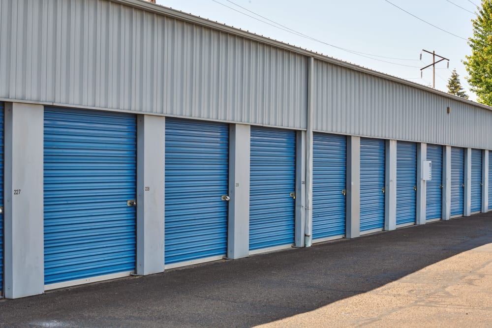 Blue doors on storage units at Sherlock Self Storage in Wilsonville, Oregon