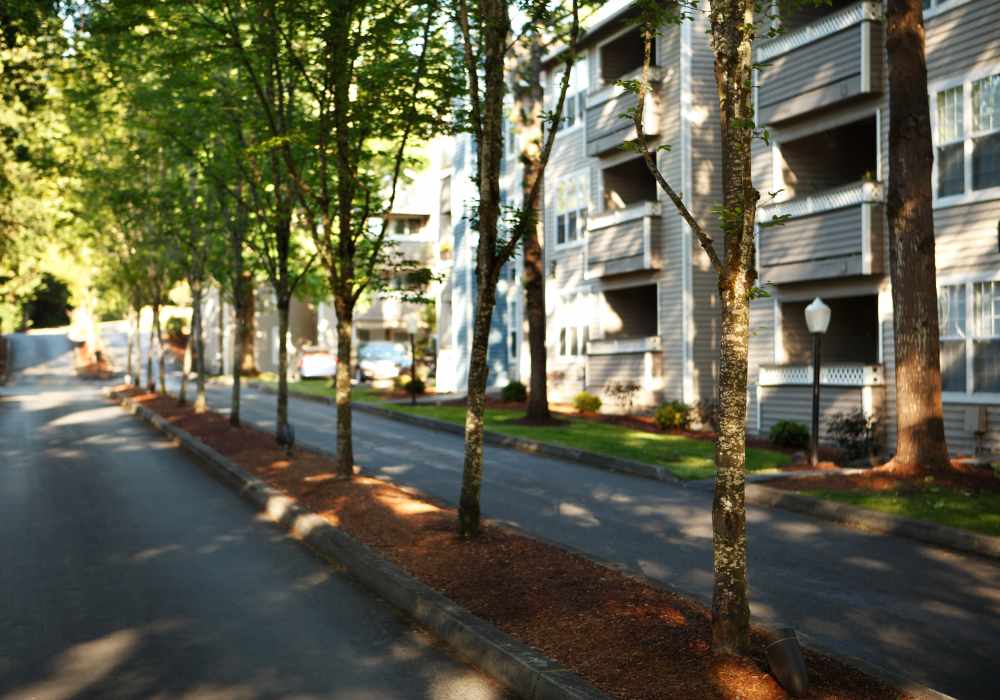 Walkway of apartments at The Docks at Redmond Lakeview in Redmond, Washington