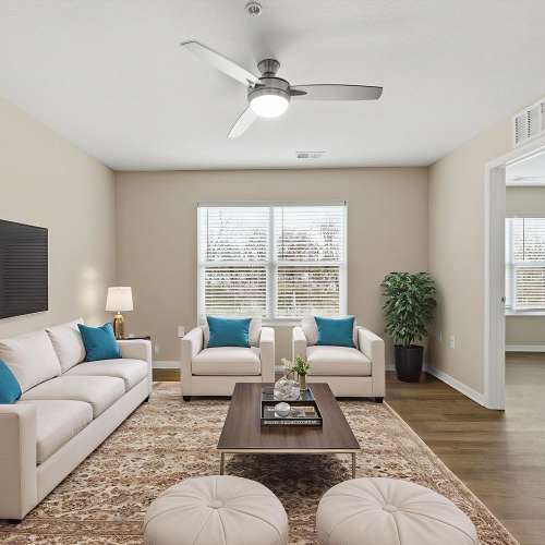 Living room with couch at Granville Woods Lofts in Columbus, Ohio