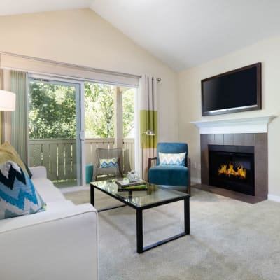 Modern living room in a model home at Haven at Golf Creek in Portland, Oregon